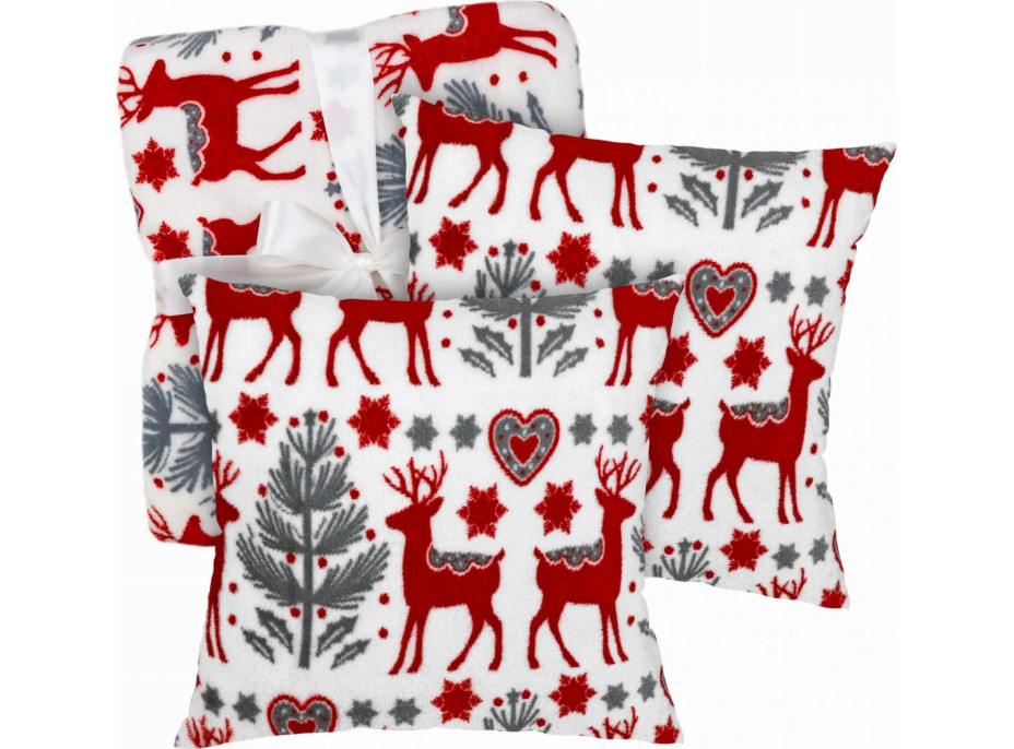 Vianočná deka 150x200 cm + 2 ks obliečky na vankúš SCANDI - soby - šedá/červená/biela