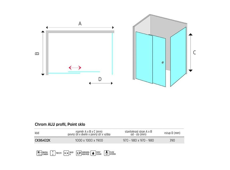 Sprchovací kút LIMA - 100x100 cm - chróm / sklo Point - posuvné dvere