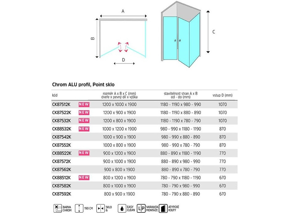 Sprchovací kút LIMA - obdĺžnik - chróm/sklo Point - dvojdielne krídlové dvere