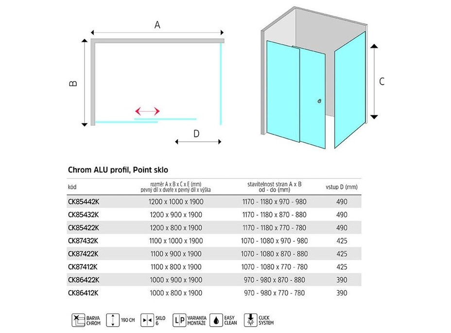 Sprchovací kút LIMA - obdĺžnik - chróm/sklo Point - posuvné dvere