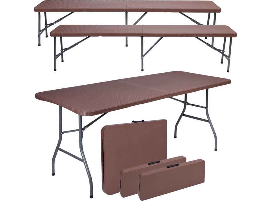 Set cateringového nábytku RATTAN - stôl 180 cm + 2 lavice - hnedý