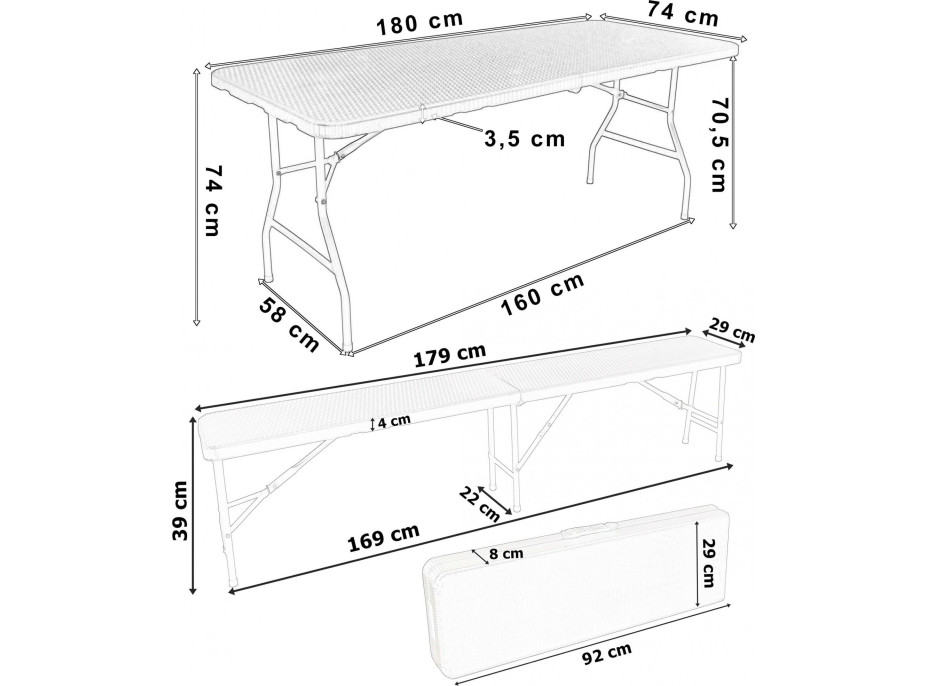 Set cateringového nábytku RATTAN - stôl 180 cm + 2 lavice - hnedý