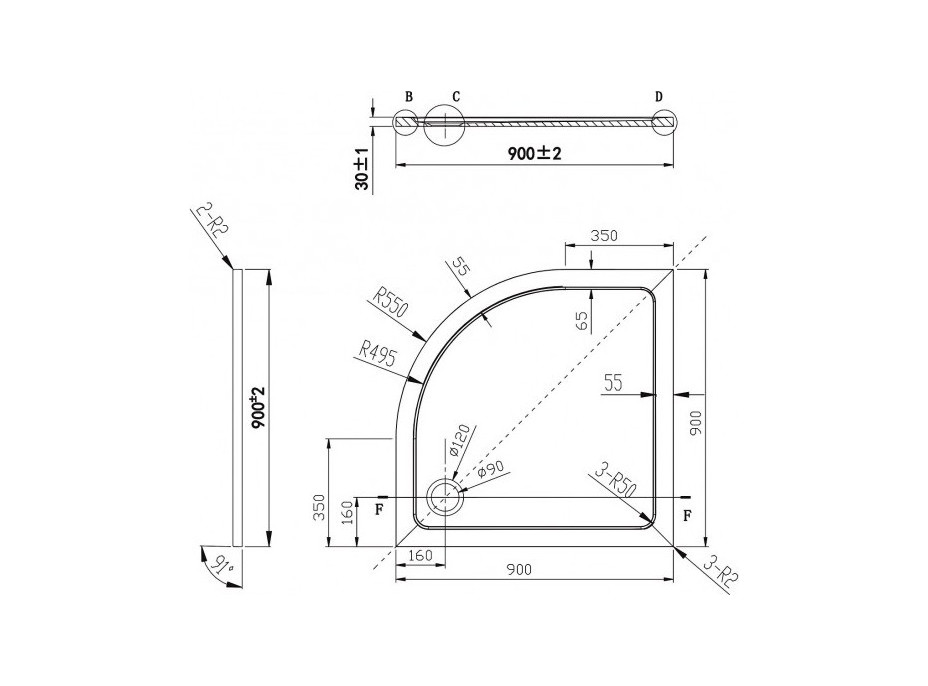 Štvrťkruhový sprchovací kút BARCELONA PLUS 90x90 cm s vaničkou VENETS