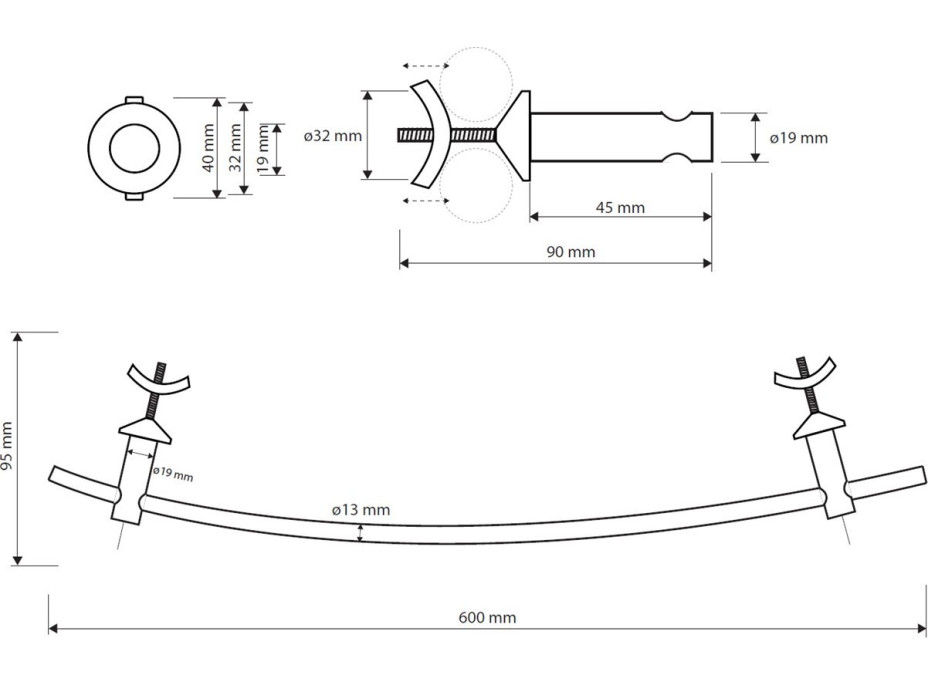 Držiak uterákov na vykurovacie teleso oblý - 600 × 40 × 95 mm - chróm