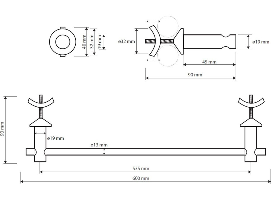 Držiak uterákov na vykurovacie teleso rovný - 600 × 40 × 90 mm - chróm