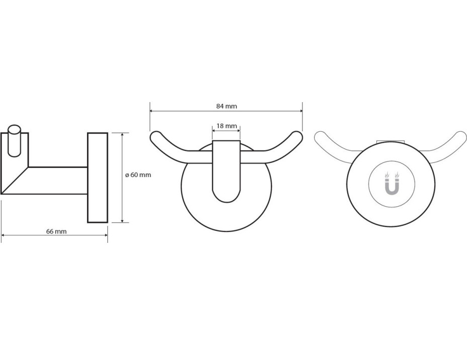 Vešiak dvojitý magnetický - 85 × 55 × 70 mm - chróm