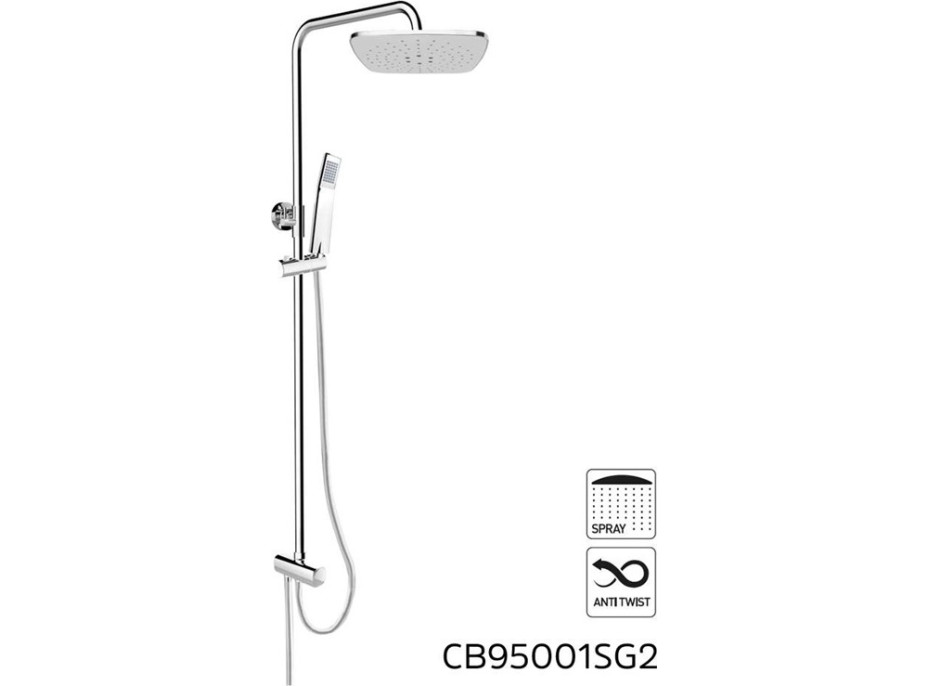 Sprchová tyč s prepínačom, ručnou a hranatou dažďovou sprchou