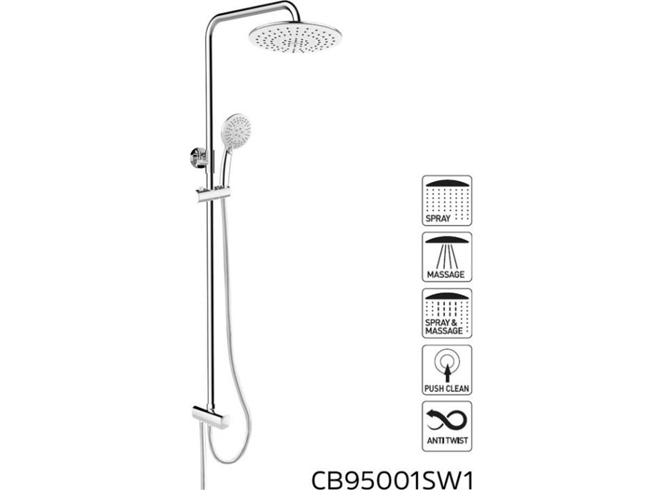 Sprchová tyč s prepínačom, ručnou a okrúhlou dažďovou sprchou - nerez
