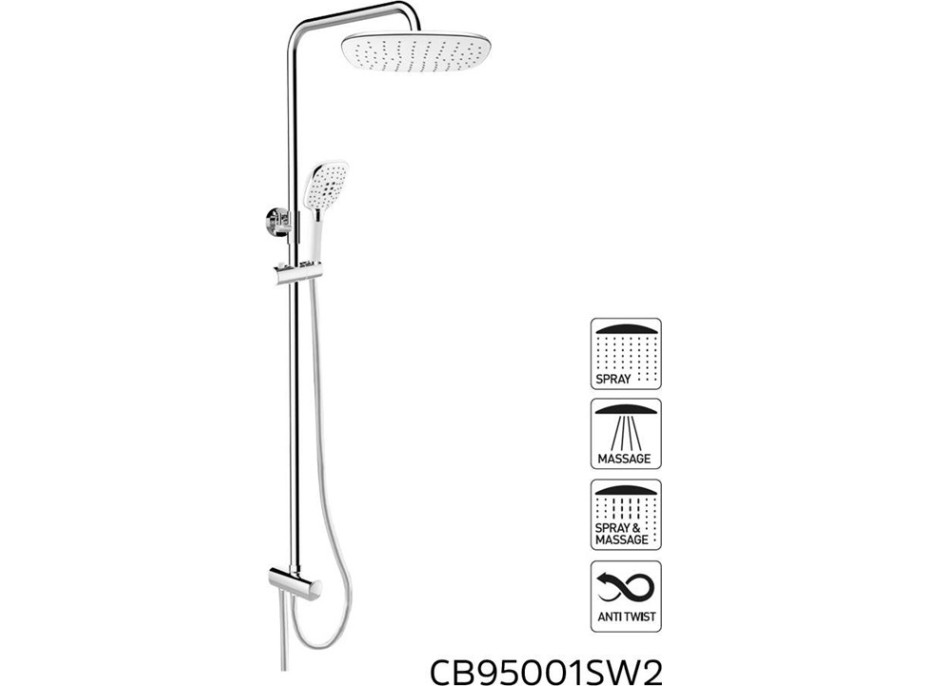 Sprchová tyč s prepínačom, ručnou a hranatou dažďovou sprchou