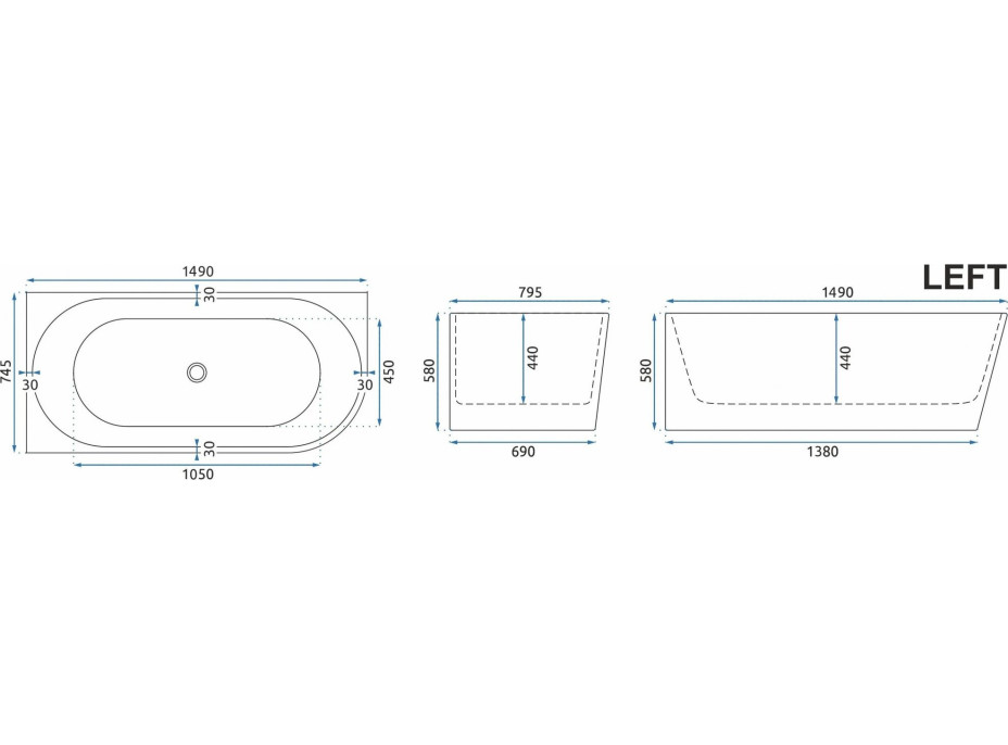 Rohová akrylátová vaňa REA SYDNEY BELLANTO 149x74.5 cm - ľavá - biela