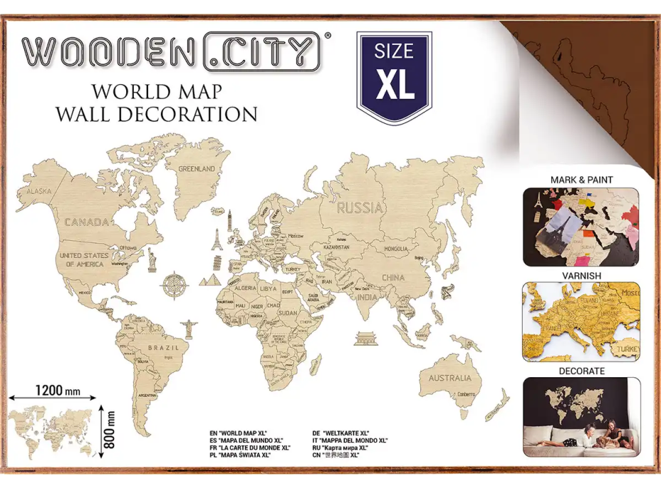 WOODEN CITY Drevená mapa sveta veľkosť XL (120x80 cm) hnedá