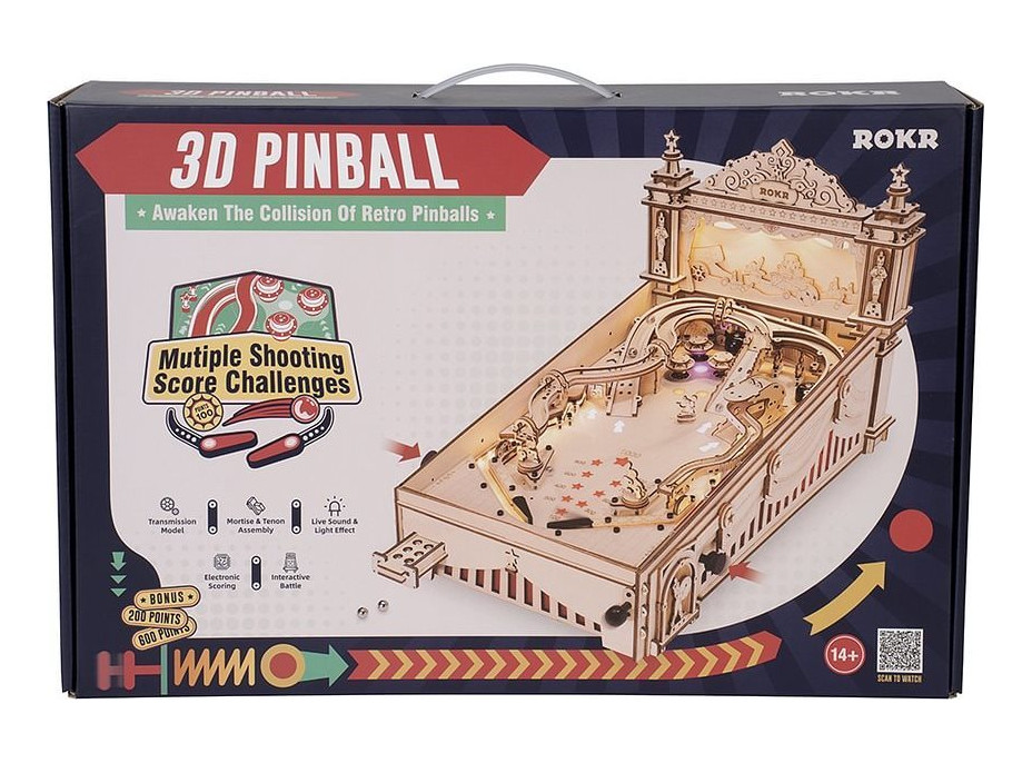 ROBOTIME Roker Svietiace 3D drevené puzzle Hrací automat: Pinball 482 dielikov