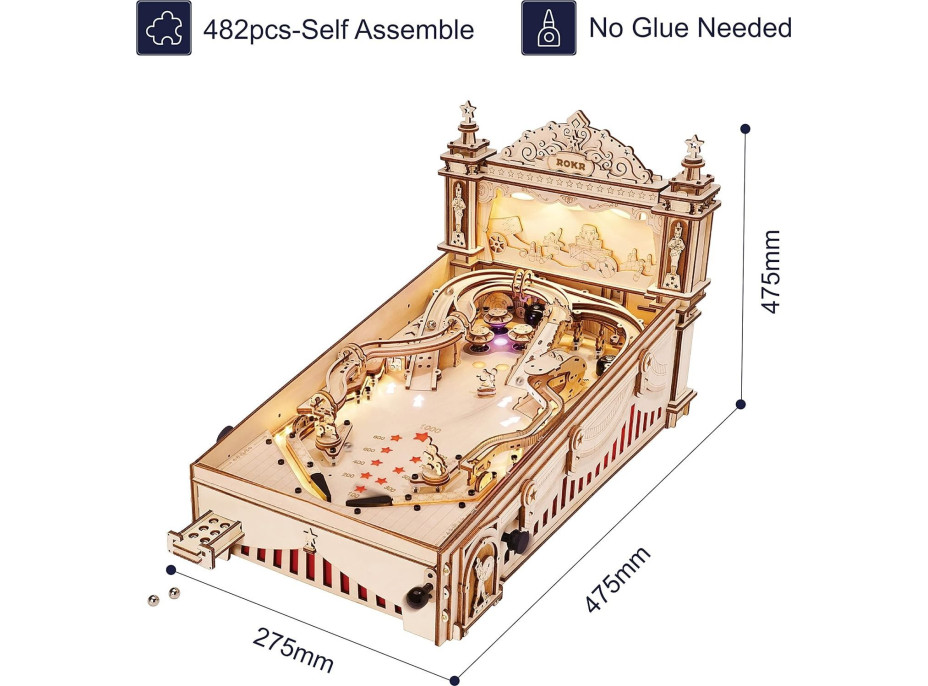 ROBOTIME Roker Svietiace 3D drevené puzzle Hrací automat: Pinball 482 dielikov