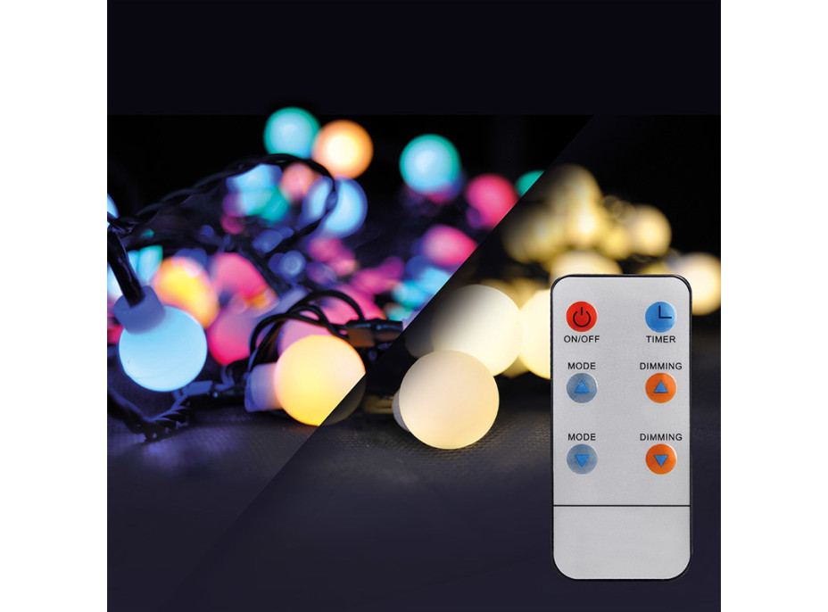 Vonkajšia vianočná LED reťaz 2v1 s diaľkovým ovládačom - guličky - 200 LED, RGB+biela - 8 funkcií