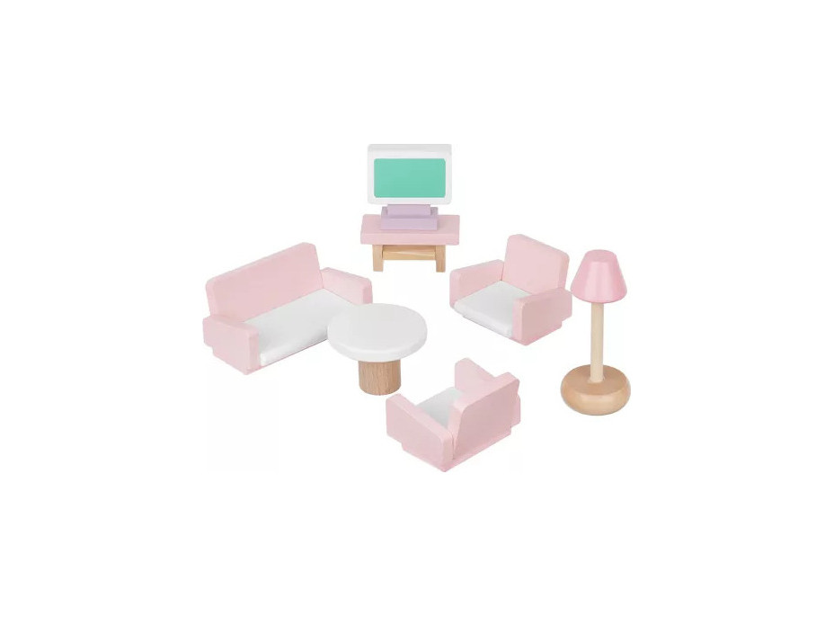 Drevená sada nábytku pre bábiky - ružová/biela