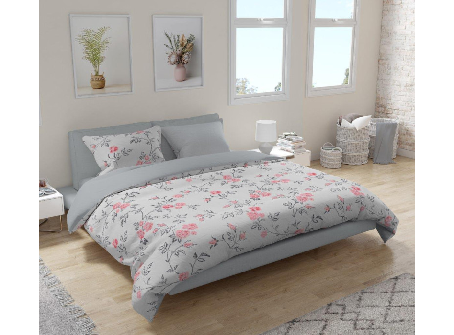 Flanelové obliečky PURE FLANNEL - ružové kvety / šedé - 160x200 cm