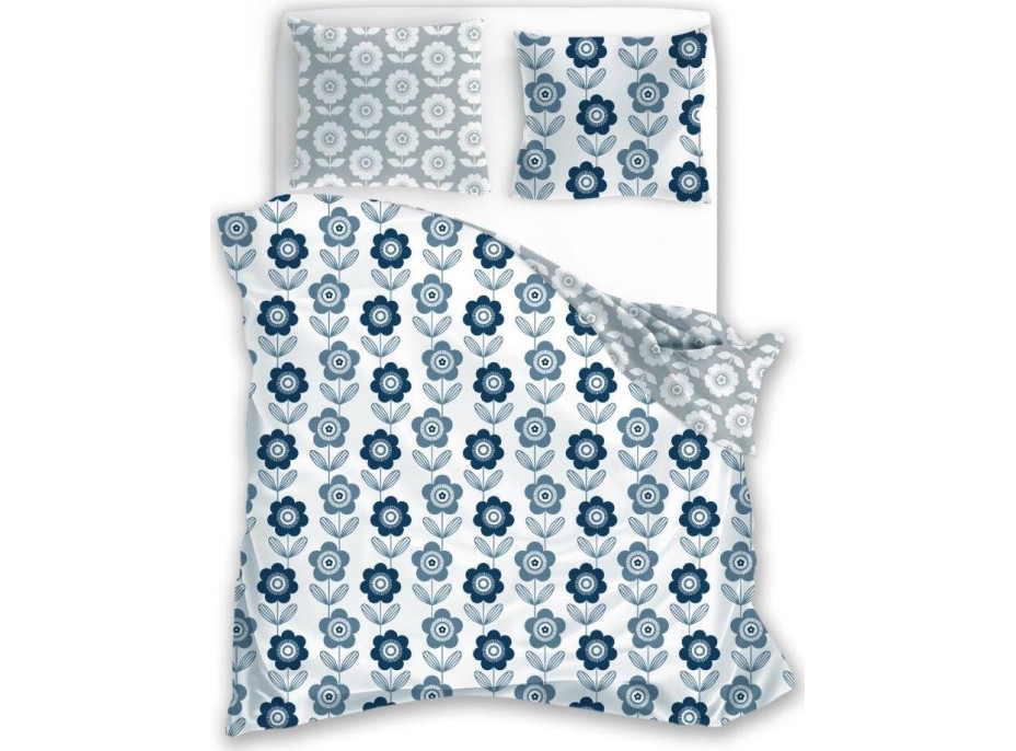 Flanelové obliečky PURE FLANNEL - modré kvety / šedé - 160x200 cm