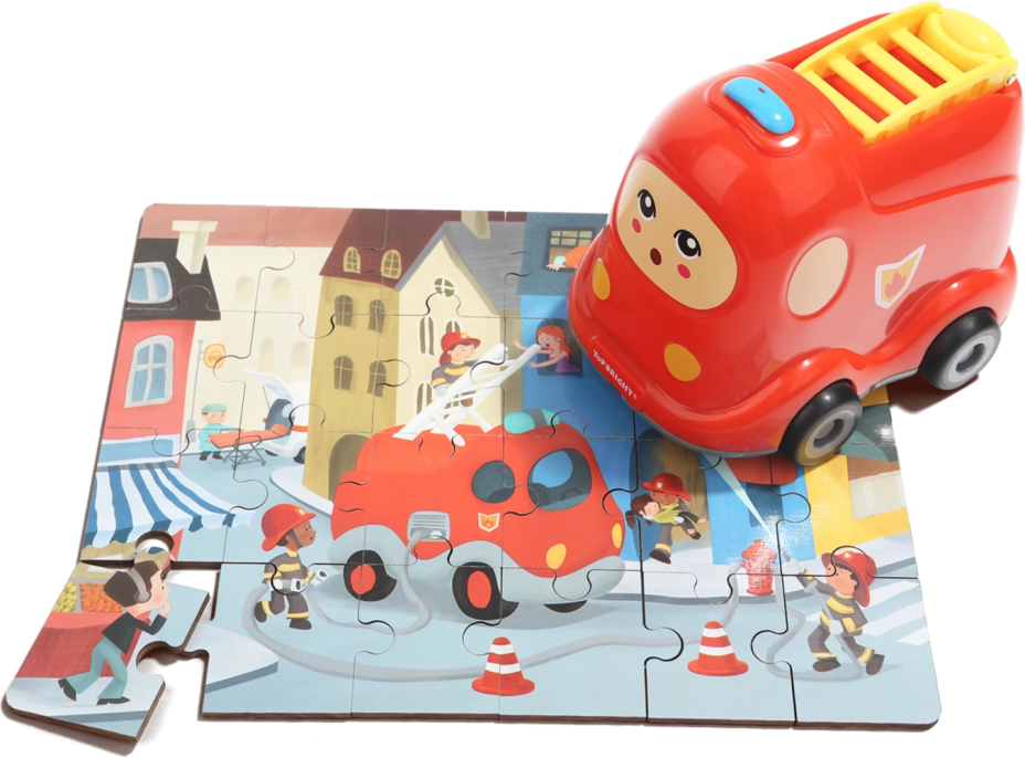 TOP BRIGHT Drevené puzzle s hračkou: Hasičské auto 24 dielikov