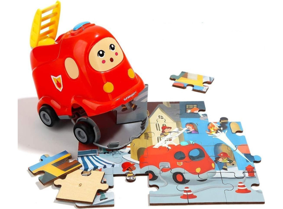 TOP BRIGHT Drevené puzzle s hračkou: Hasičské auto 24 dielikov