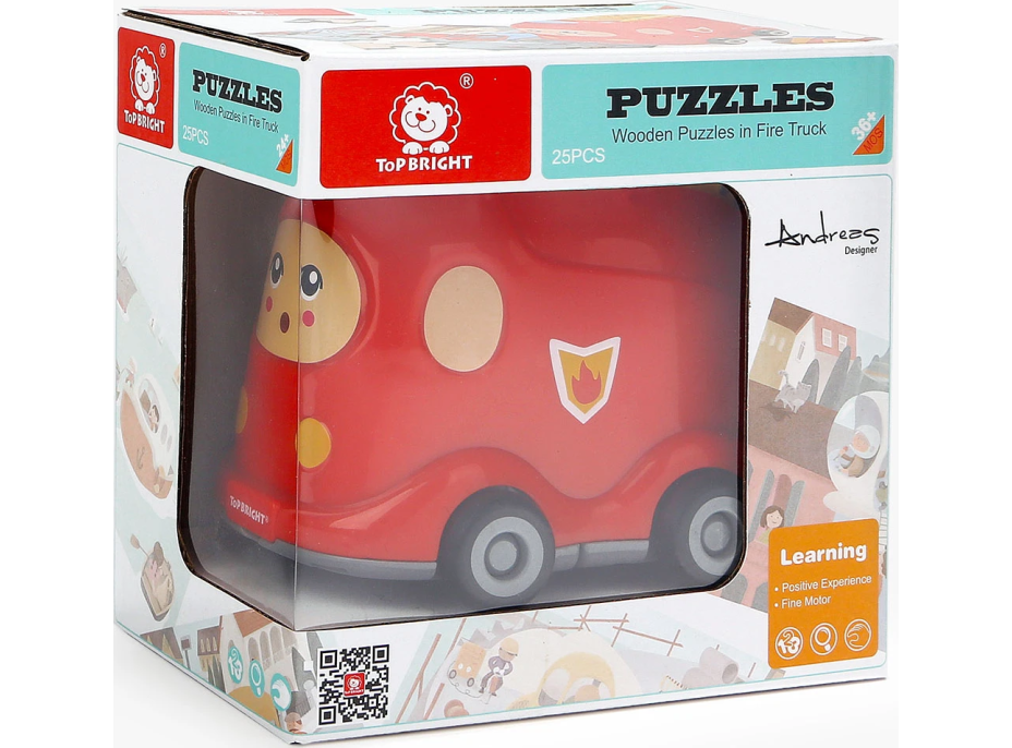 TOP BRIGHT Drevené puzzle s hračkou: Hasičské auto 24 dielikov