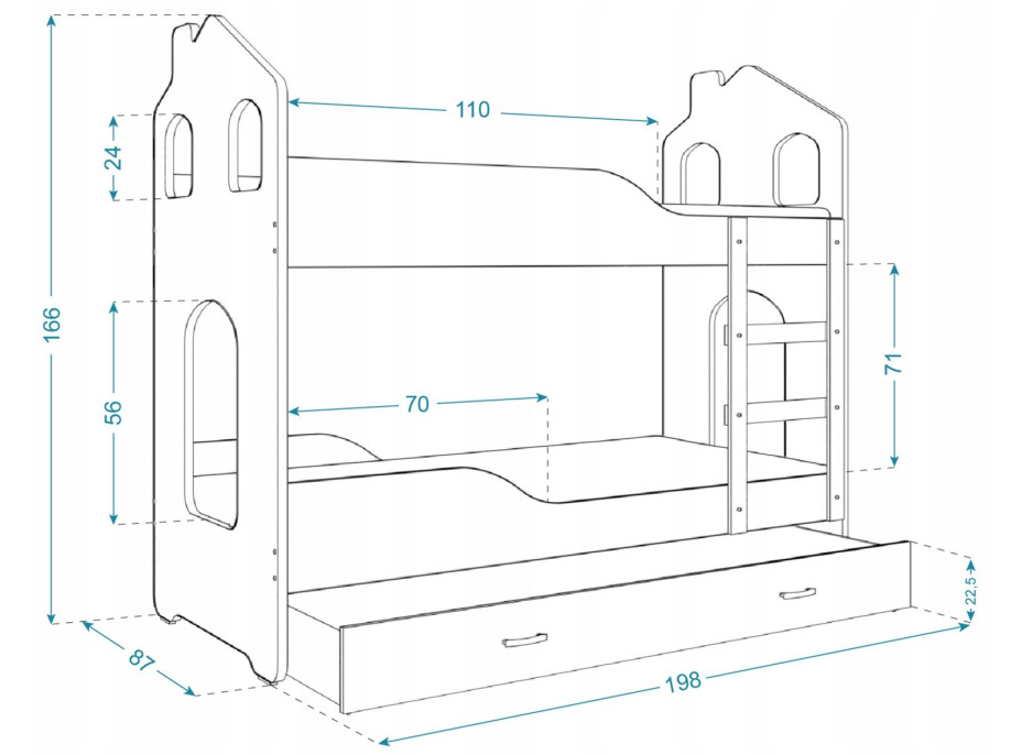 Detská Domčekové poschodová posteľ Dominik Y - 190x80 cm - ĽADOVÁ PRINCEZNA