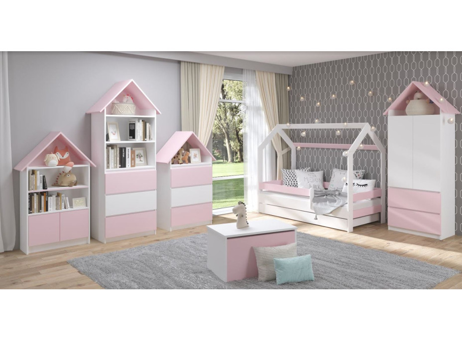 Detská domčeková posteľ s prístelkou LITTLE HOUSE - ružová - 160x80 cm