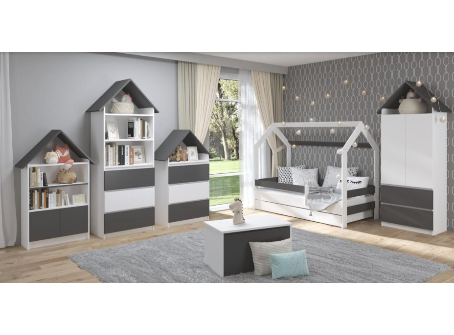 Detská domčeková posteľ s prístelkou LITTLE HOUSE - tmavo šedá - 160x80 cm