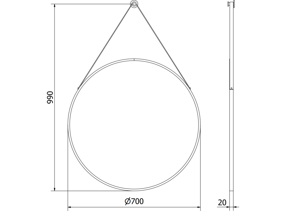 Okrúhle zrkadlo na pásku MEXEN STRING 70 cm - čierne, 9854-070-070-000-70