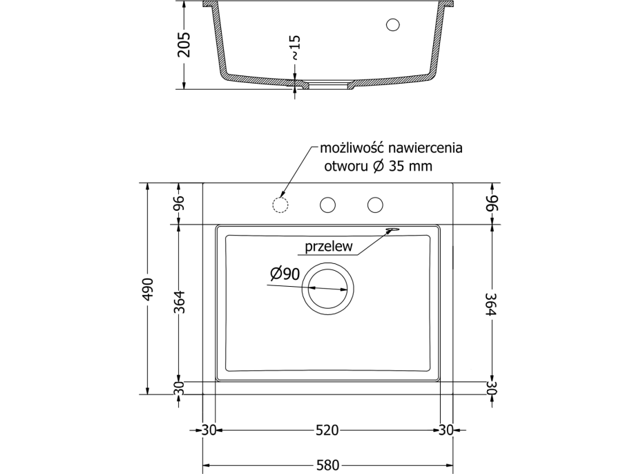 Kuchynský granitový drez MEXEN OSCAR - 58 x 49 cm - metalický čierny/zlatý, 6519581000-75