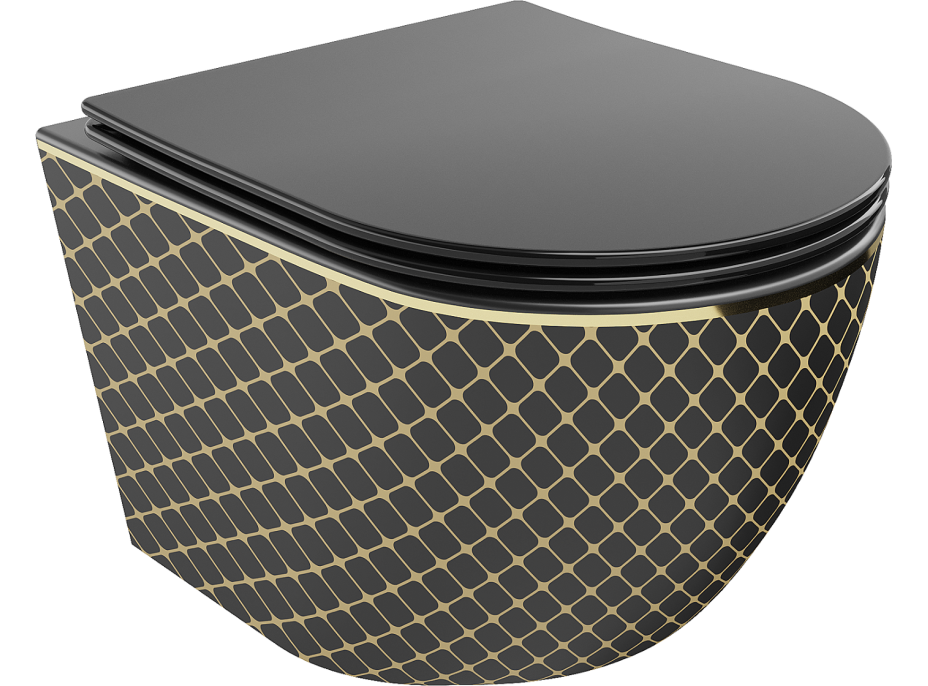 Závesné WC MEXEN LENA RIMLESS - čierne/zlaté vzorované + Duroplast sedátko slim, 30224079