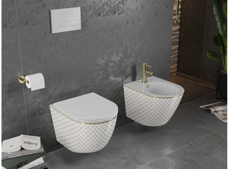 Závesné WC MEXEN LENA RIMLESS - biele/zlaté vzorované + Duroplast sedátko slim, 30224009