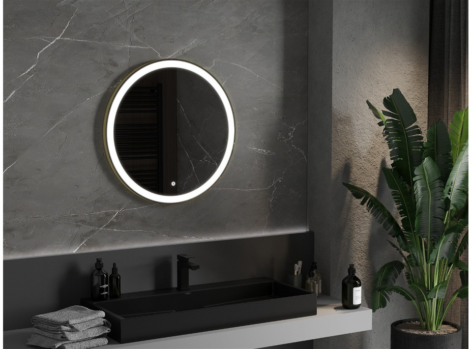 Okrúhle zrkadlo MEXEN ESSO 70 cm so zlatým okrajom - s LED podsvietením a vyhrievaním, 9825-070-070-611-50