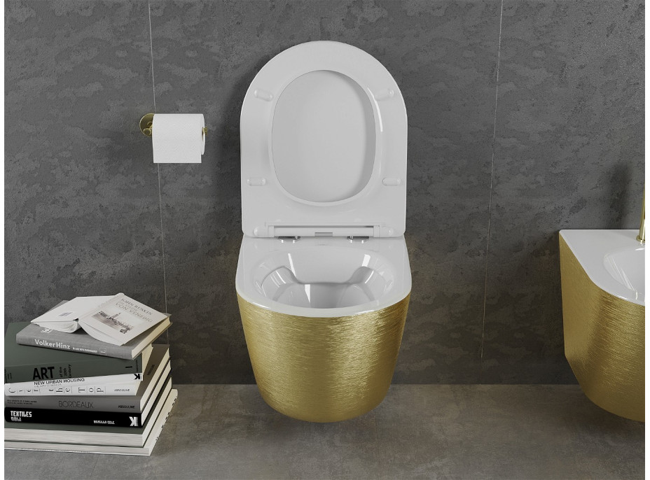 Závesné WC MEXEN LENA RIMLESS - biele / zlaté brúsené + Duroplast sedátko slim, 30224007