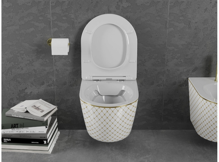 Závesné WC MEXEN LENA RIMLESS - biele/zlaté vzorované + Duroplast sedátko slim, 30224009