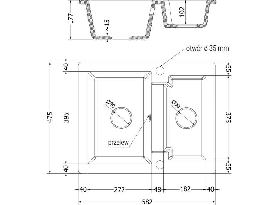 Kuchynský granitový drez MEXEN CARLOS - 58,2x47,5 cm - metalický čierny/zlatý, 6518581500-75