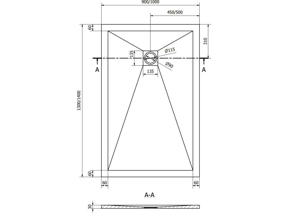 Sprchová vanička MEXEN STONE+ 90x130 cm - betónová šedá - minerálny kompozit, 44619013