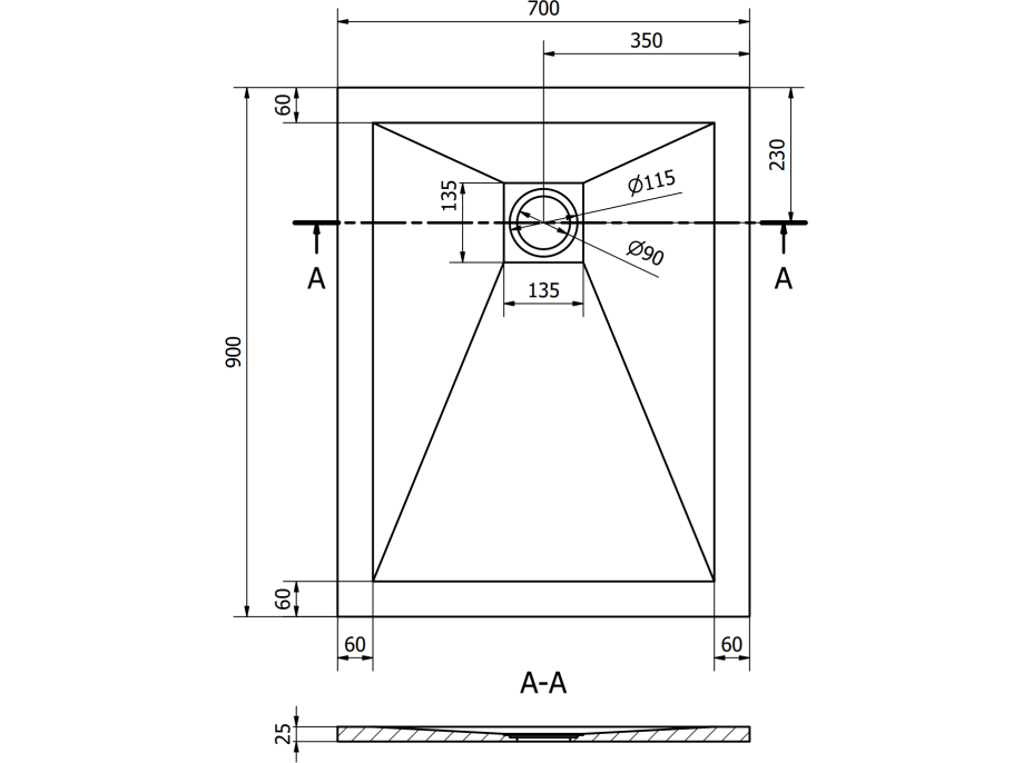 Sprchová vanička MEXEN STONE+ 70x90 cm - betónová šedá - minerálny kompozit, 44617090