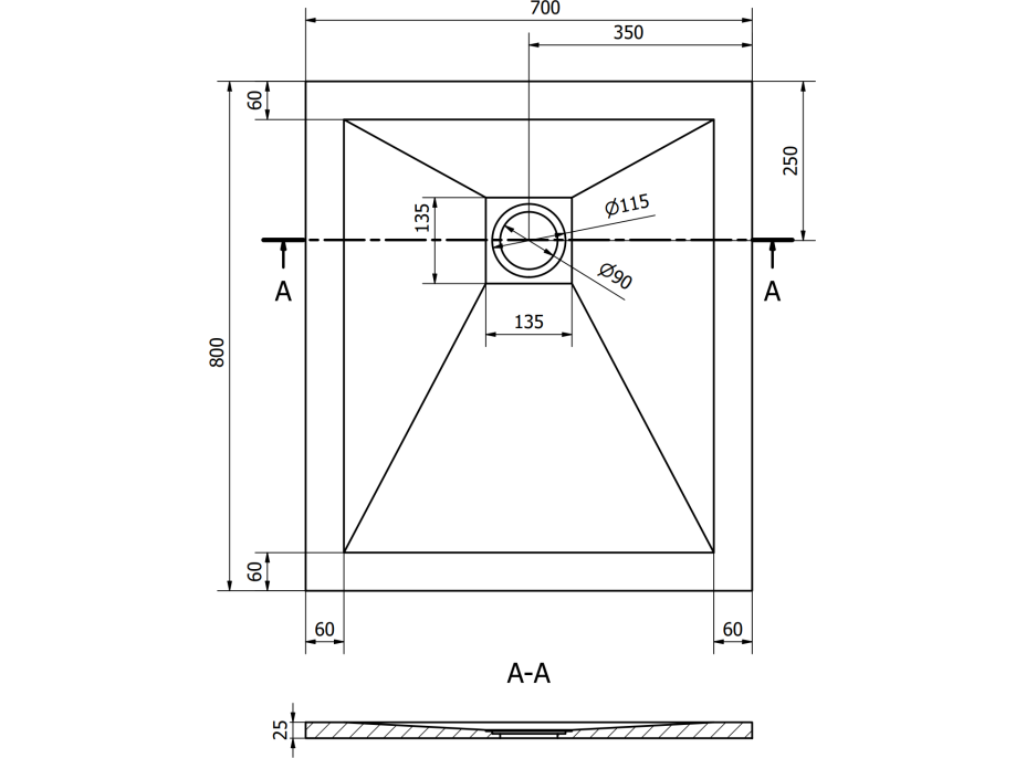 Sprchová vanička MEXEN STONE+ 70x80 cm - betónová šedá - minerálny kompozit, 44617080