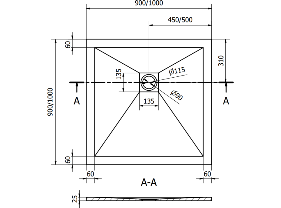 Sprchová vanička MEXEN STONE+ 90x90 cm - betónová šedá - minerálny kompozit, 44619090