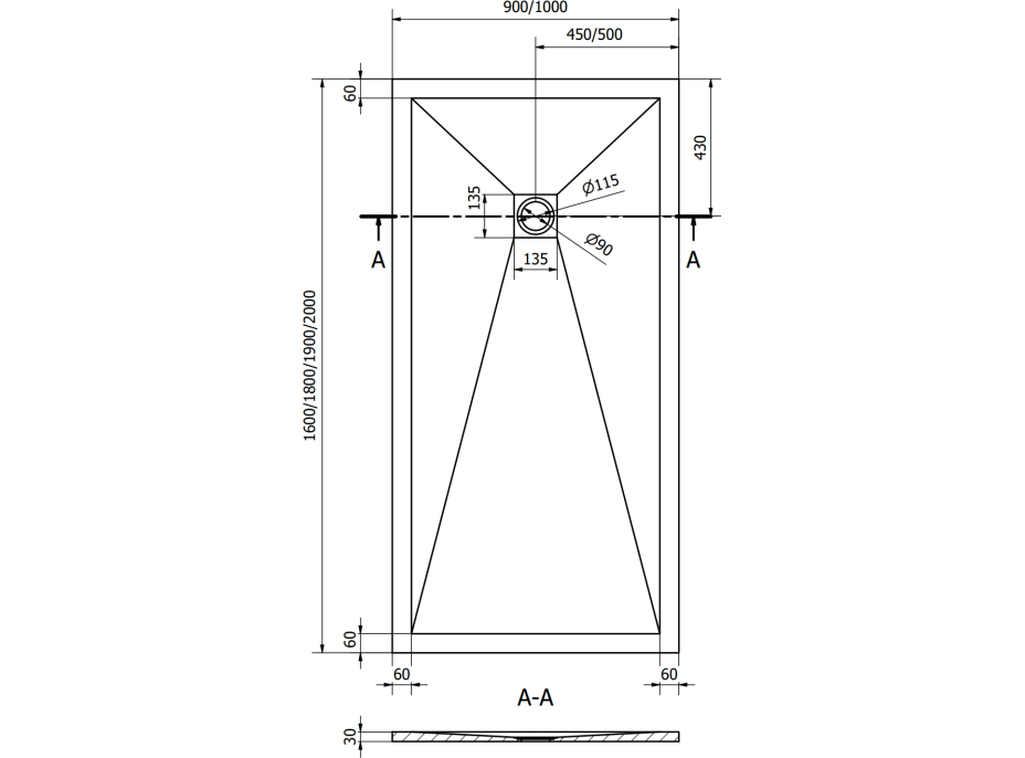 Sprchová vanička MEXEN STONE+ 90x200 cm - čierna - minerálny kompozit, 44709020