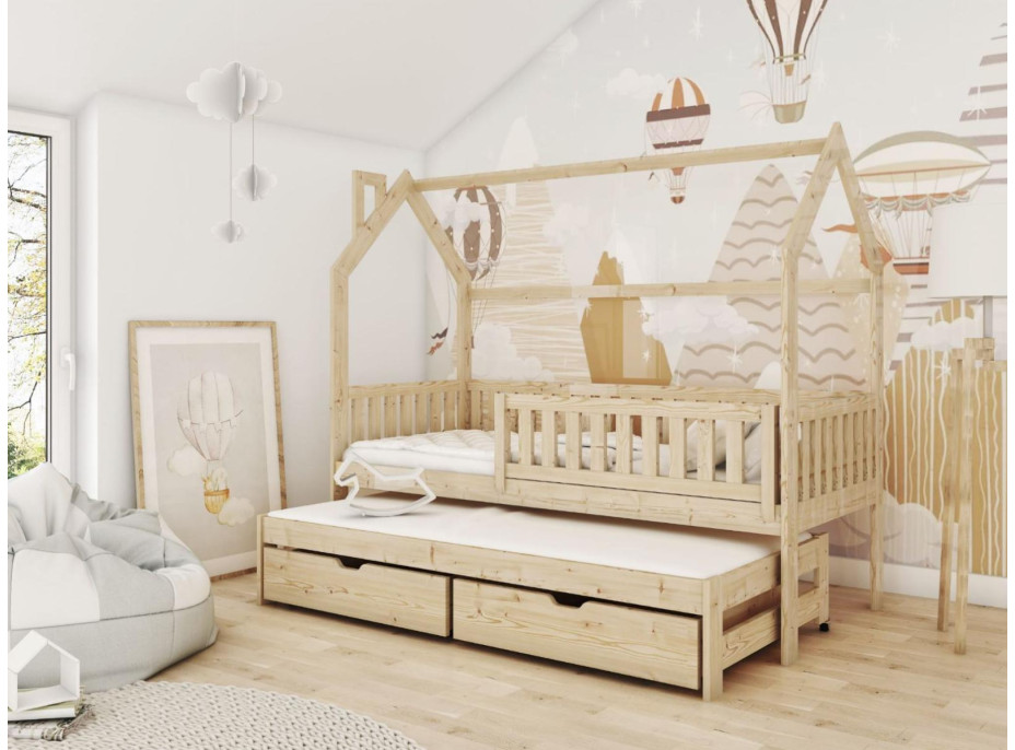 Detská domčeková posteľ s prístelkou a šuplíky MATYLDA - 200x90 cm - prírodná borovica