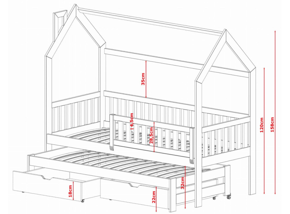 Detská domčeková posteľ s prístelkou a šuplíky MATYLDA - 200x90 cm - prírodná borovica