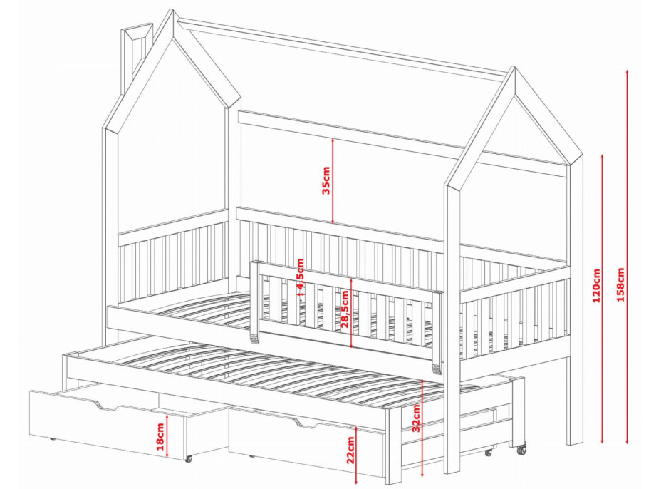 Detská domčeková posteľ s prístelkou a šuplíky MATYLDA - 200x90 cm - šedá