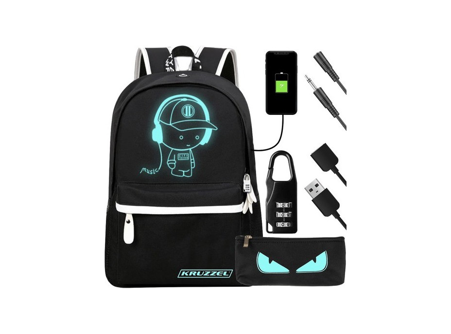 Školský reflexný batoh s USB - Music - čierny