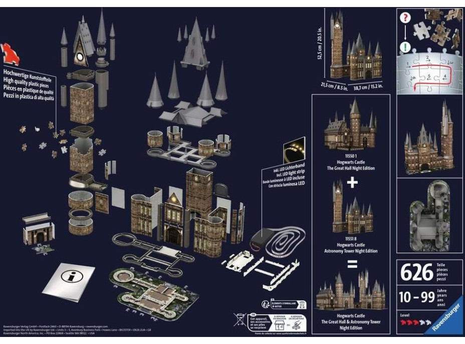 RAVENSBURGER Svietiace 3D puzzle Nočná edícia Harry Potter: Rokfortský hrad - Astronomická veža 626 dielikov