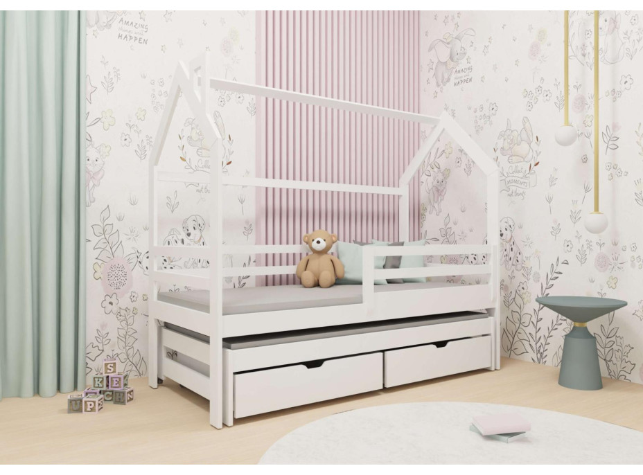 Detská domčeková posteľ s prístelkou a šuplíky DAISY - 200x90 cm - biela