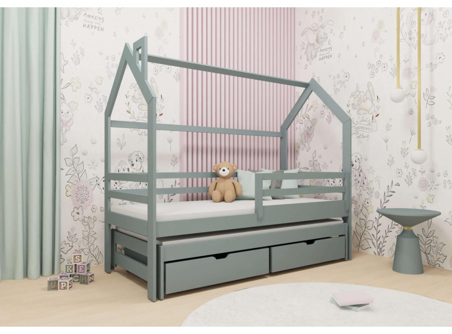 Detská domčeková posteľ s prístelkou a šuplíky DAISY - 200x90 cm - šedá