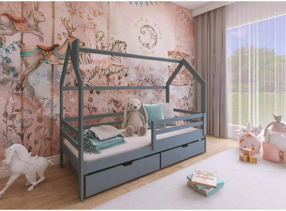 Detská domčeková posteľ so šuplíkmi LILIE - 200x90 cm - šedá