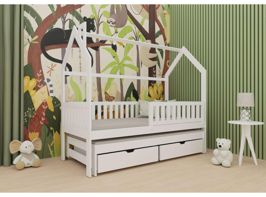Detská domčeková posteľ s prístelkou a šuplíky MATYLDA - 200x90 cm - biela