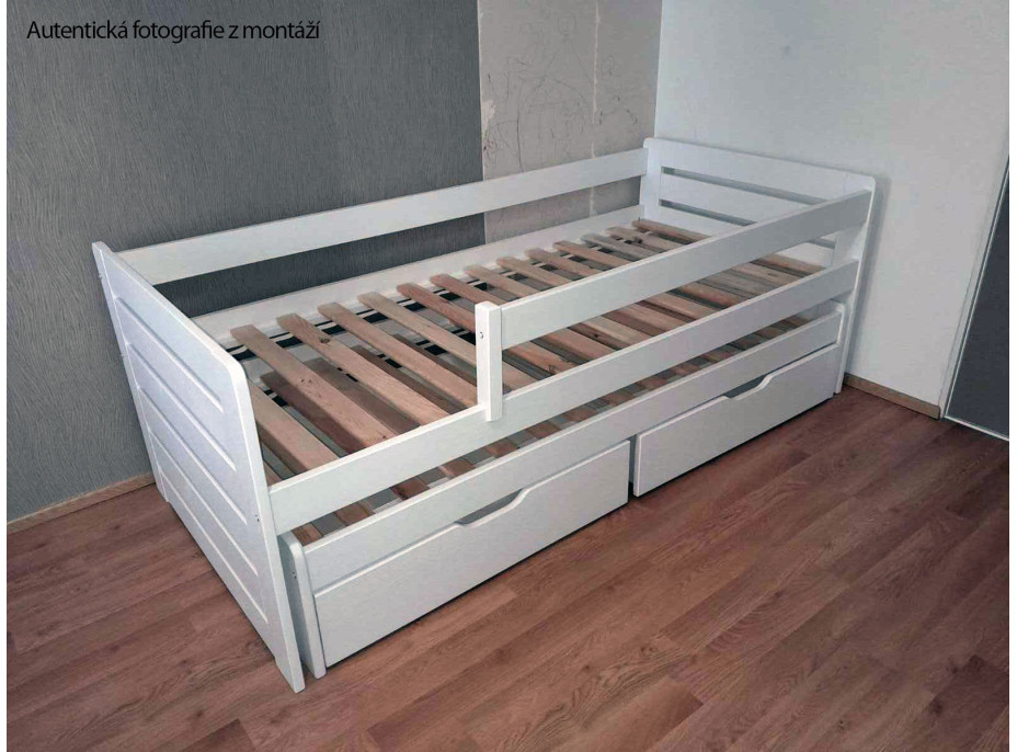 Detská posteľ z masívu borovice TOMÁŠ II s prístelkou a šuplíkmi - 200x90 cm - biela